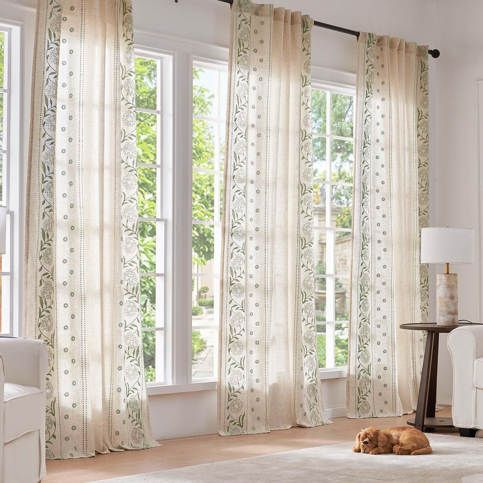 Linen Curtains for Living Room Bedroom 63 Inches Length Embroidered Floral Cu…