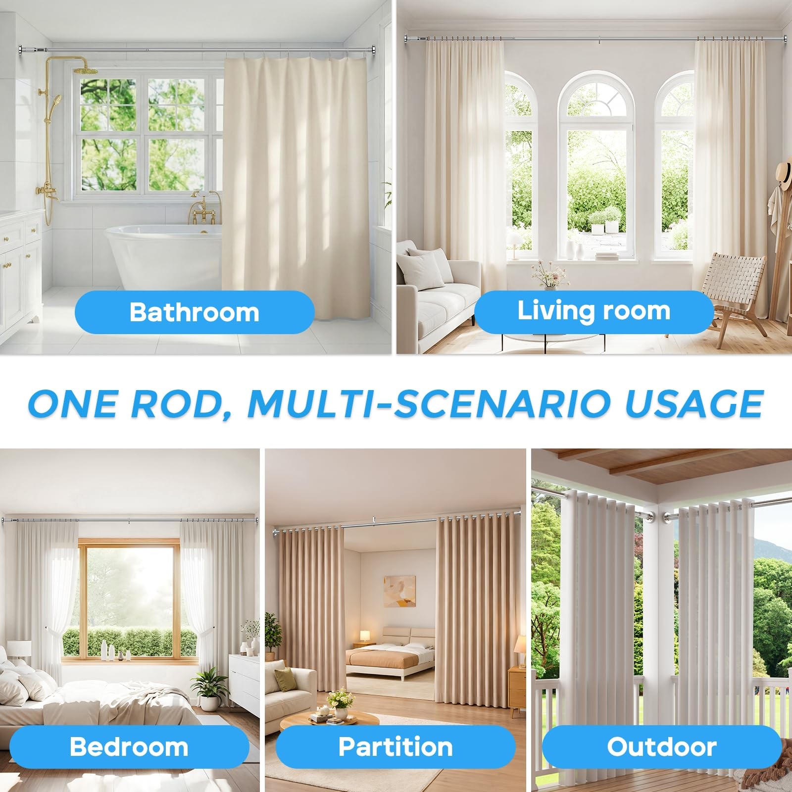 41-124 Inch Heavy Duty Silver Tension Curtain Rod – No Drilling, Adjustable, …