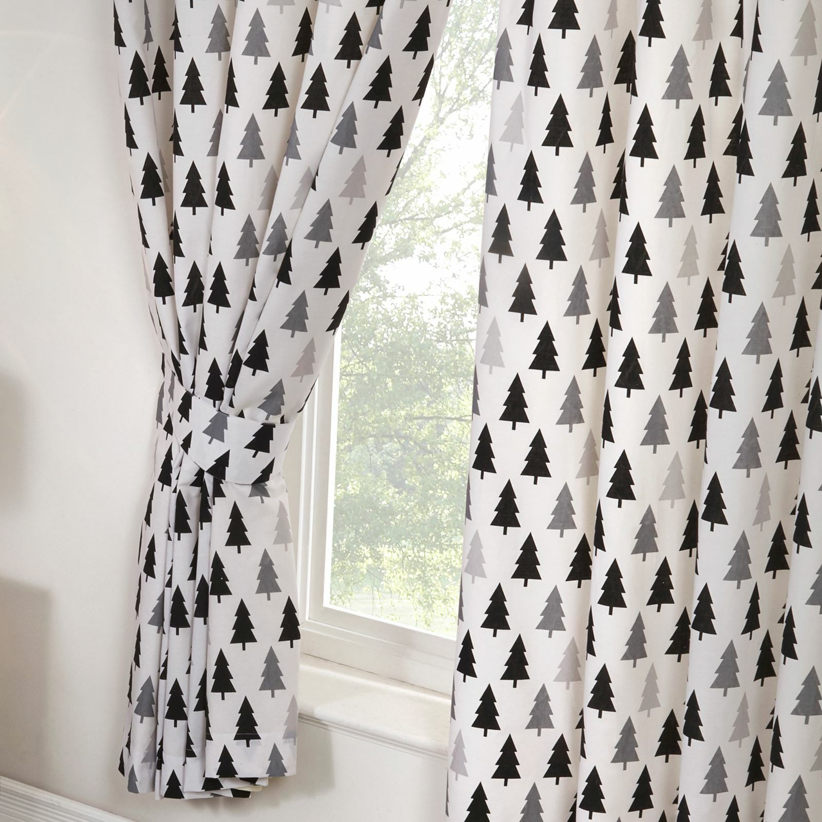 Scandi Bear Forest Lined Curtains 54″ / 137cm Drop White Grey Kids