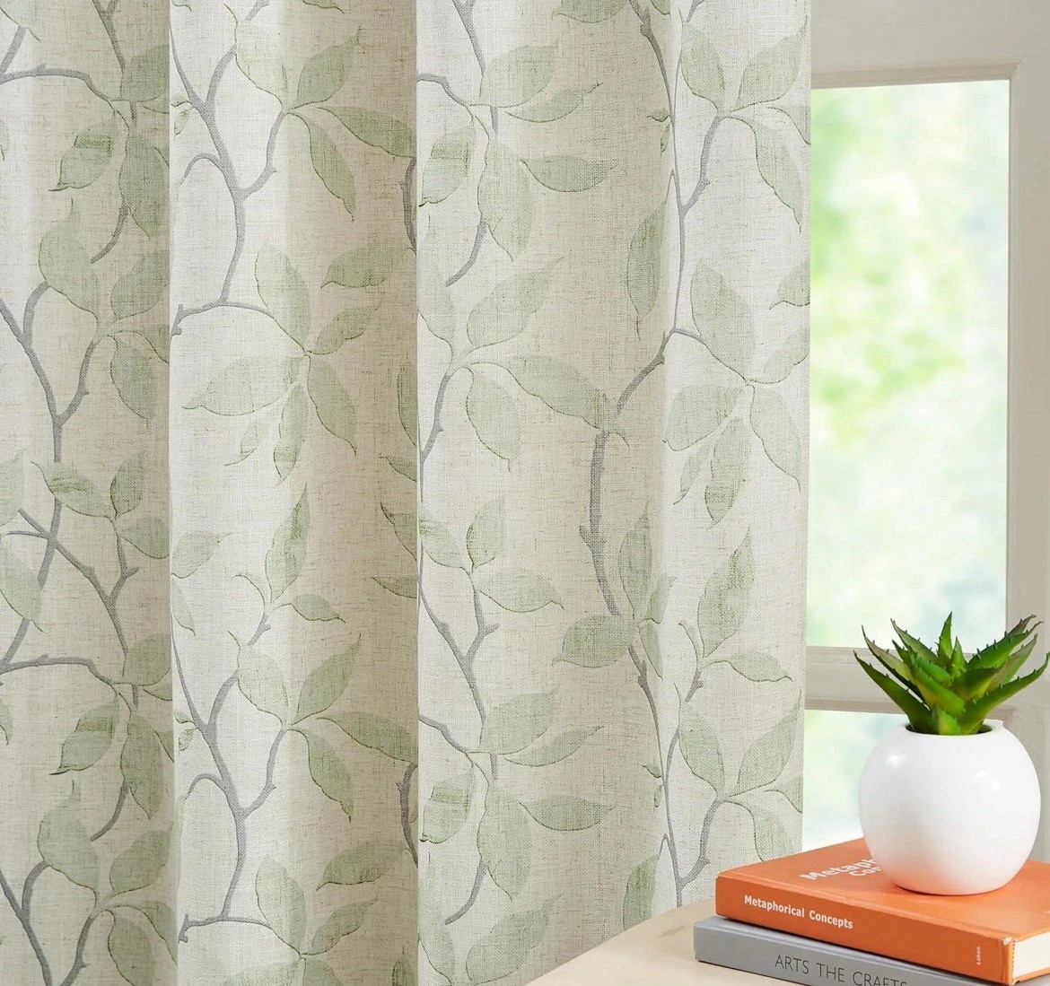 Semi Sheer Curtains 90 Inches Length, Farmhouse Printed Green Leaves 40×90