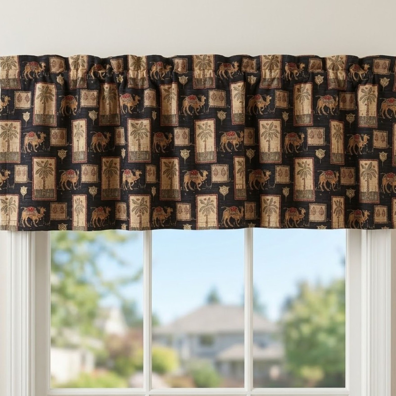 Mill Creek Fabrics Curtain Valance PAIR Camel Palm Tree Cotton Canvas Jungle Vtg
