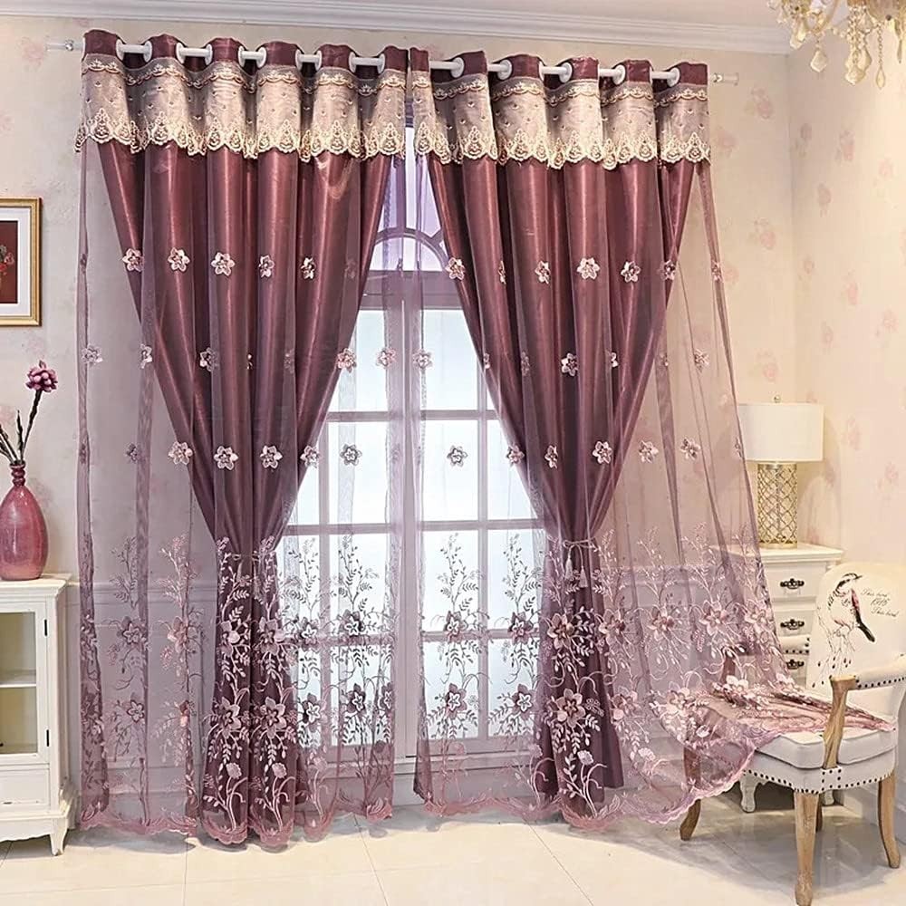 Luxury Flower Embroidered Double Layer Curtains, Blackout, 54×84 Inches – Purple