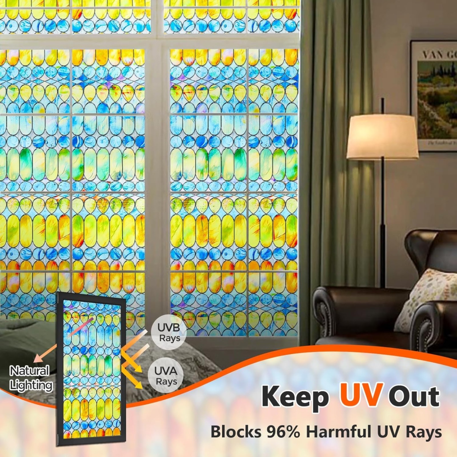 Beautyhero 3D Stained Glass Window Privacy Film with UV Blocking 23.6″ x 35.4″