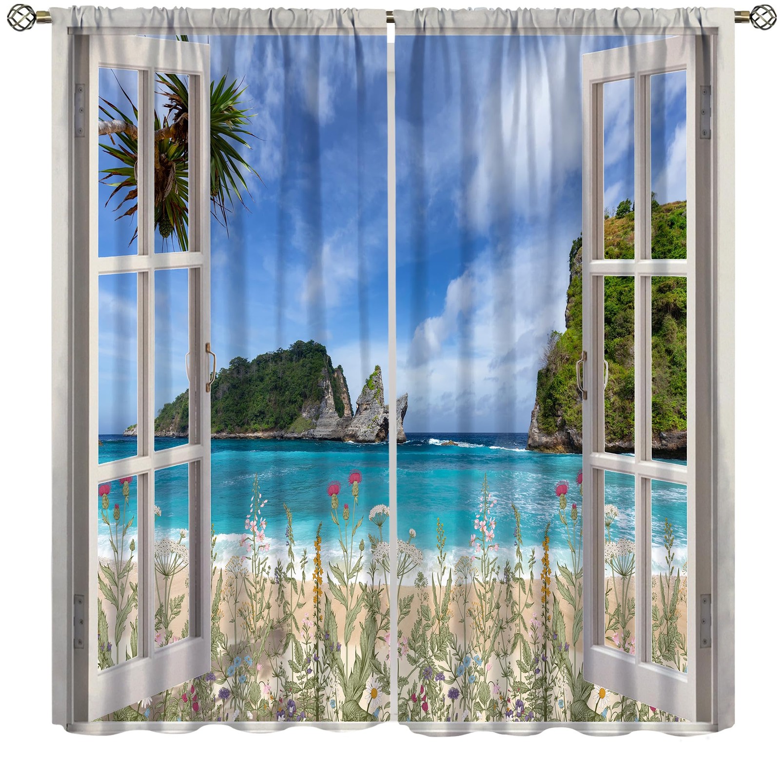 Ocean Beach Curtains Tropical Island Landscape Palm Trees Flowers Green Plant…