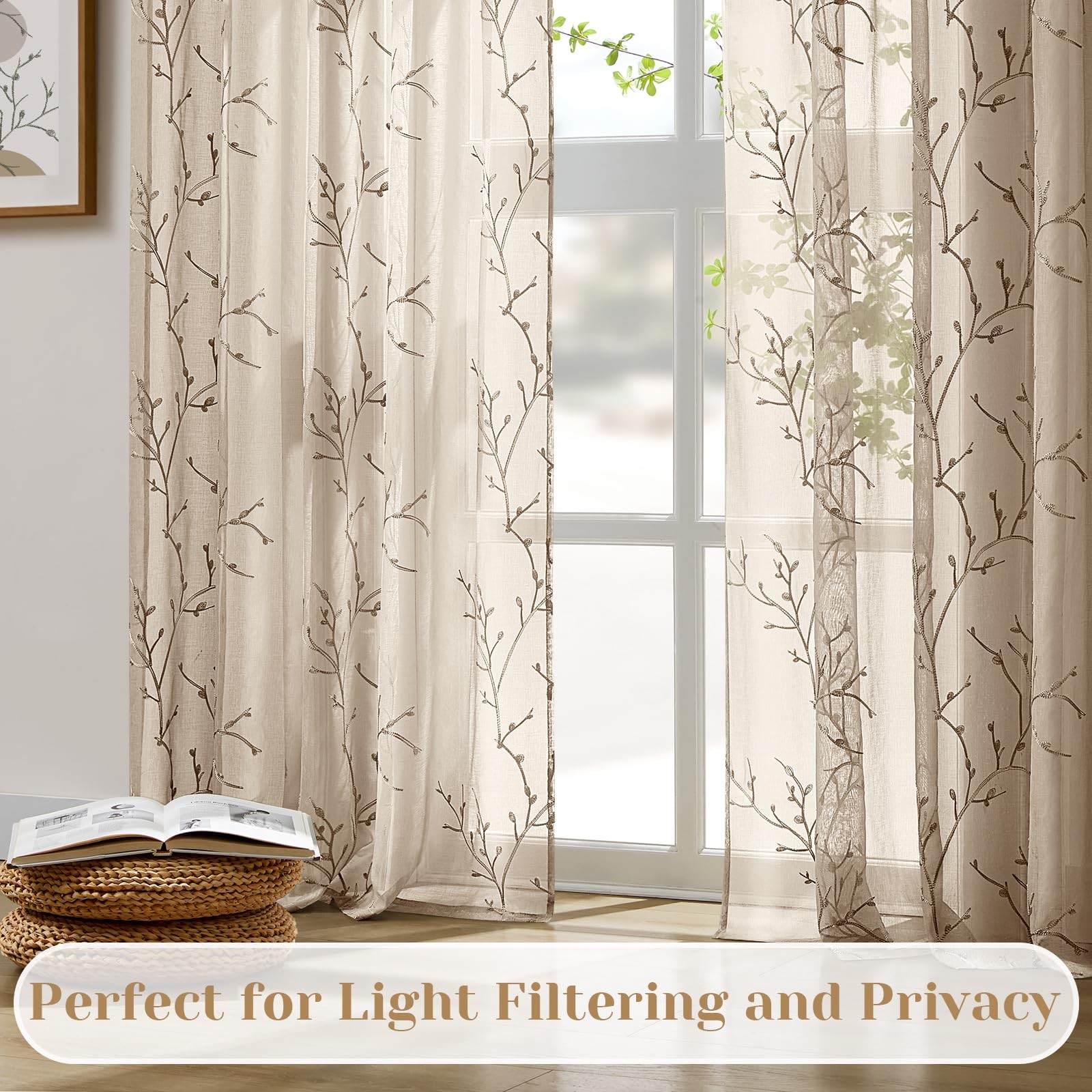 Taupe Sheer Curtains 52 X 84 Inches Length 2 Panels Embroidered Branch Patter…