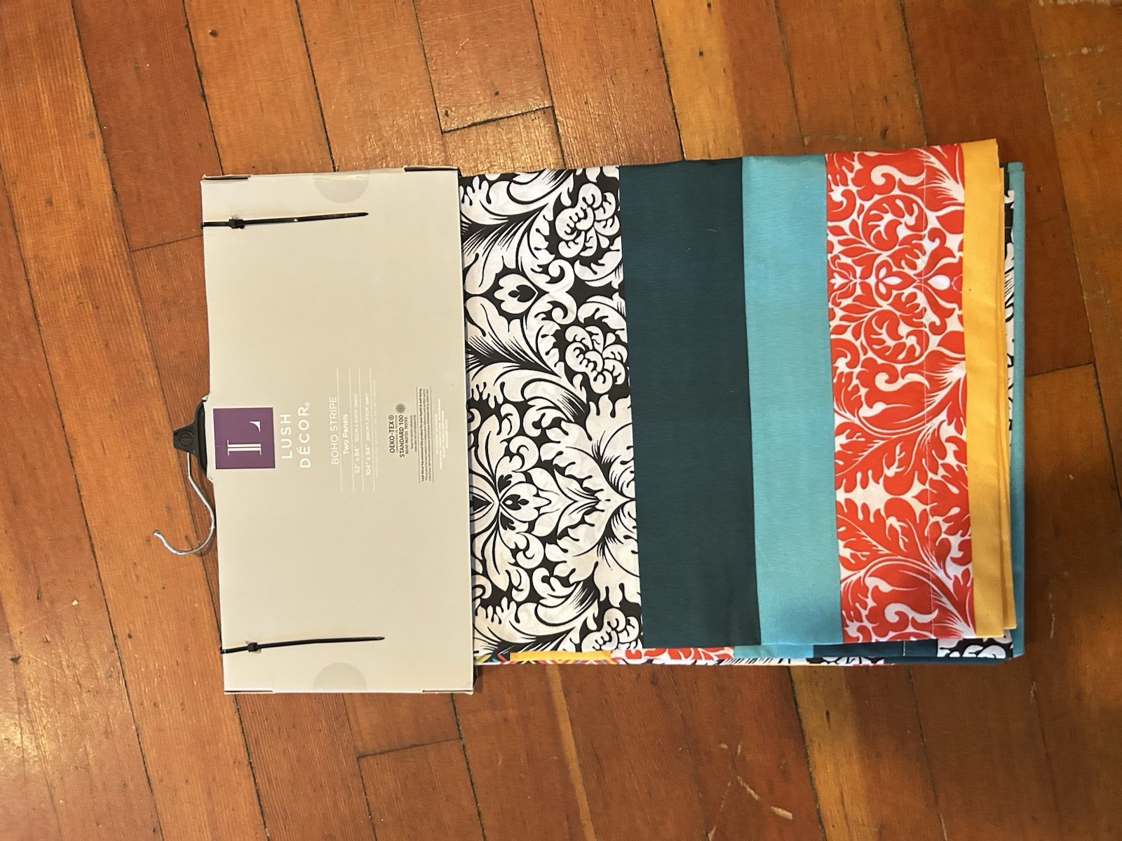 New Boho Stripe Window Curtain 52″W x 84″L Pair Turquoise & Tangerine Geometric