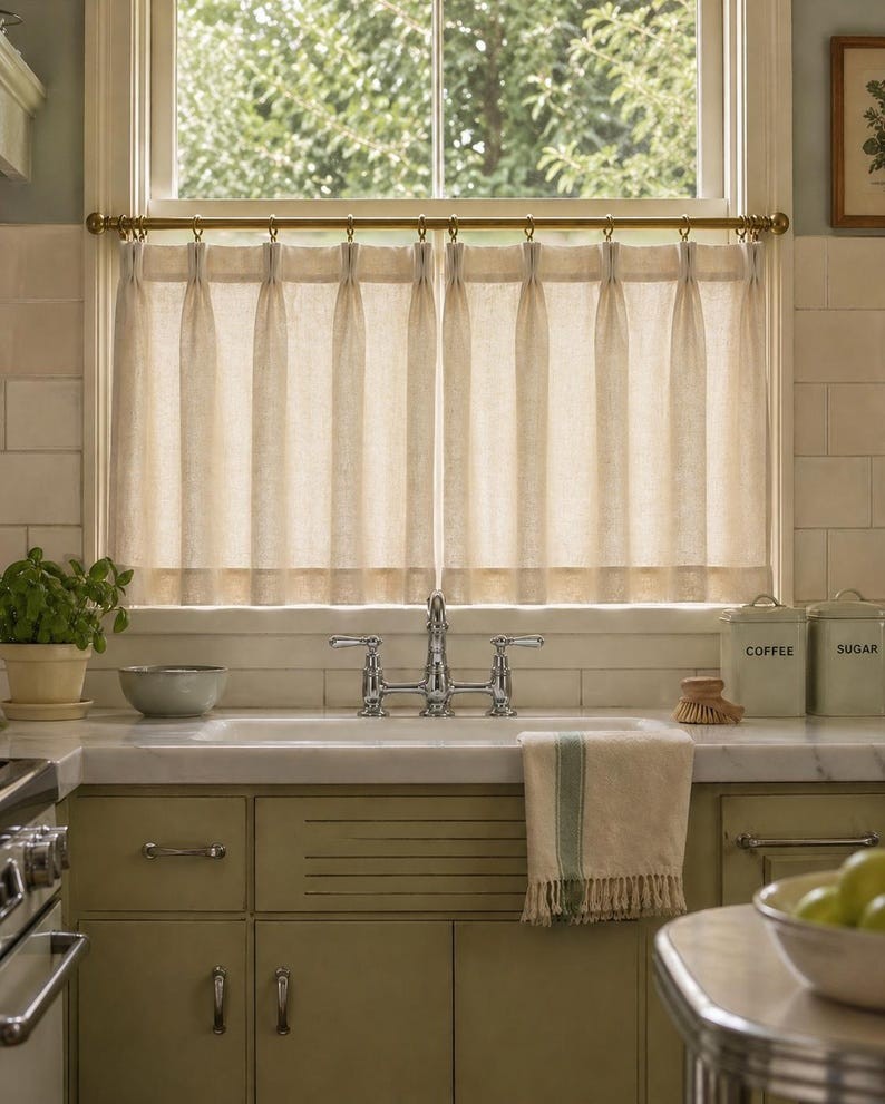 Double Pleated Natural Cotton Linen Blend Cafe Curtain, 1 Panel