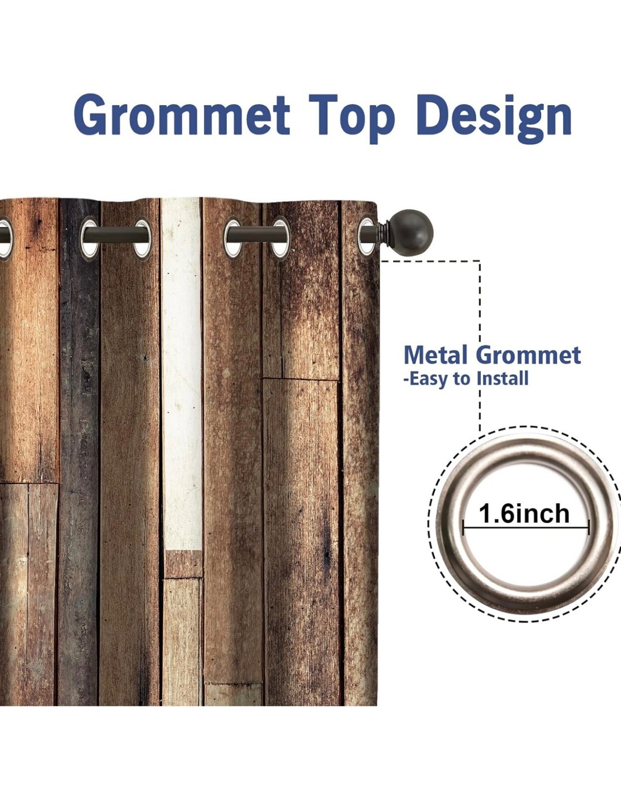 Rustic Wood Print Pair Window Curtains 42×84 Inch Metal Grommets Room Darkening
