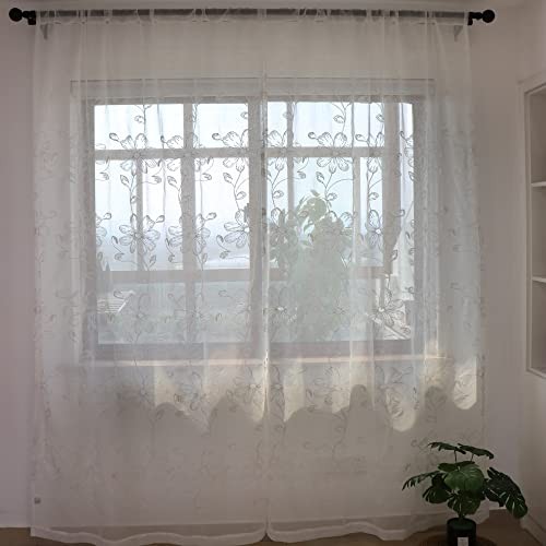 Set of 2 Panels White Flowers 52″W x 102″L (Pack of 2) White Sheer/Rod Pocket