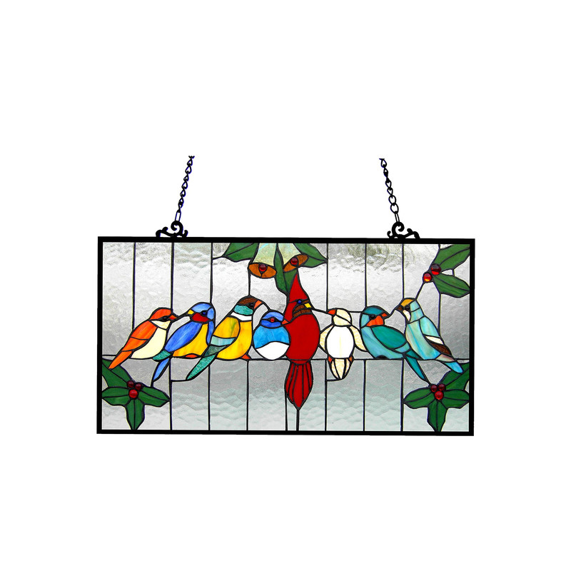 Radiance Goods Tiffany-Glass Gathering Birds Window Panel 24.5X12.5