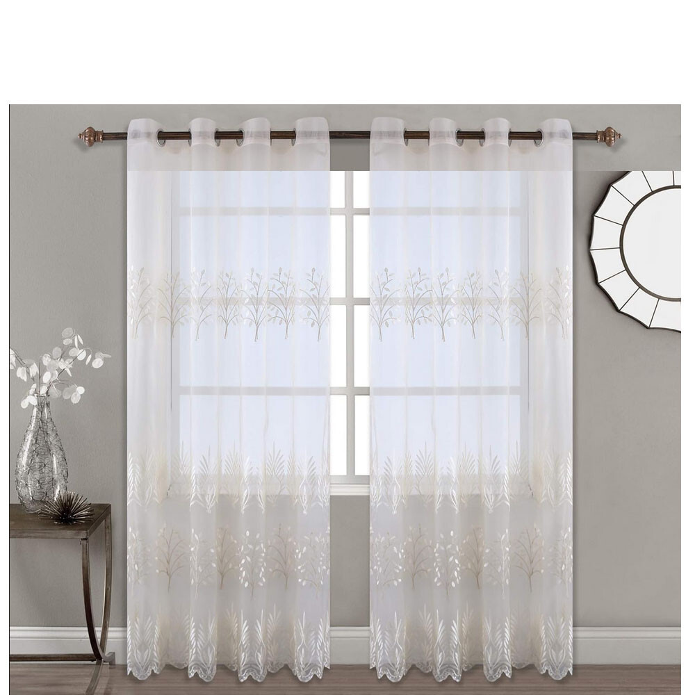Sheer Curtains 96″L x 52″W (102″W Total) Leaf Embroidered Beige Grommet Top 2pc