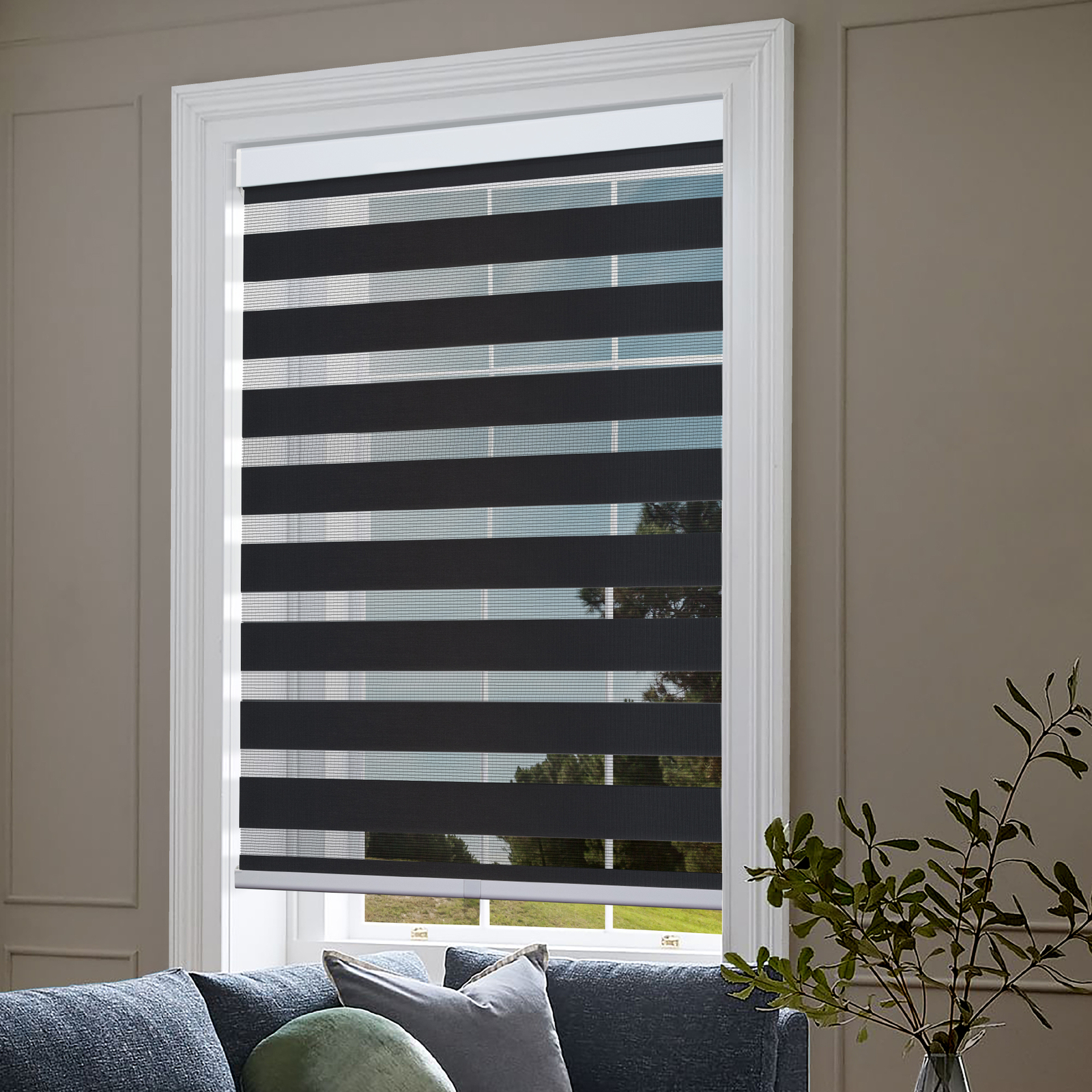Cordless Zebra Roller Blinds Sheer Shades, Sheer or Privacy – Black, 71″W X 72″H