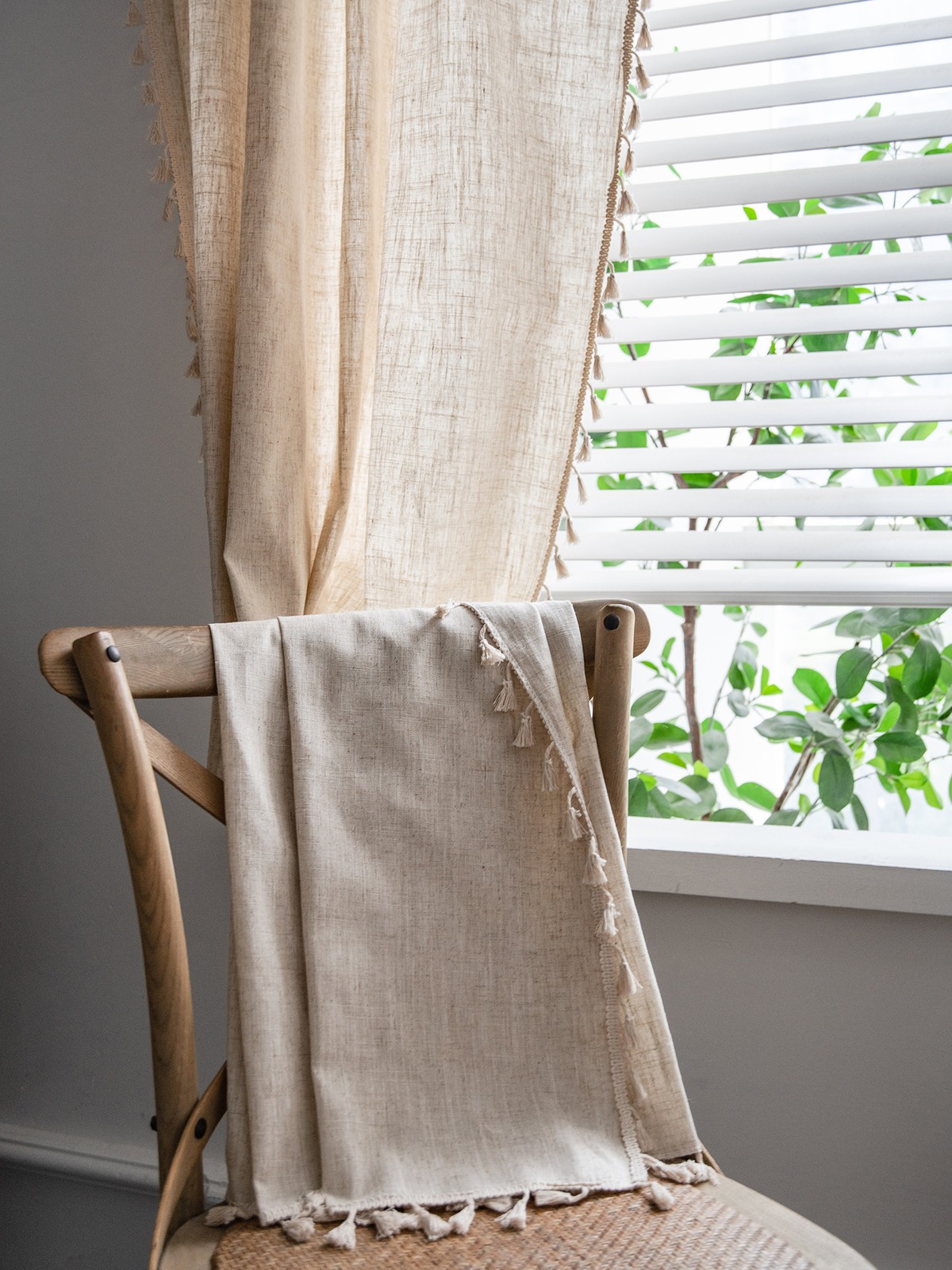 Boho Curtains 84 In Long Bohemia Linen Curtains for Bedroom Living Room Beige