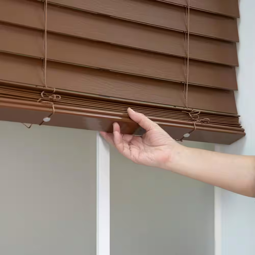 Textured Dark Oak Cordless Room Darkening Faux Wood Blinds with 2 In. Slats – 34