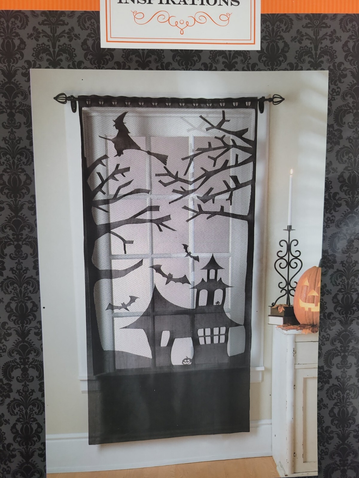 2 Black Lace Halloween Curtain Panels Haunted House New