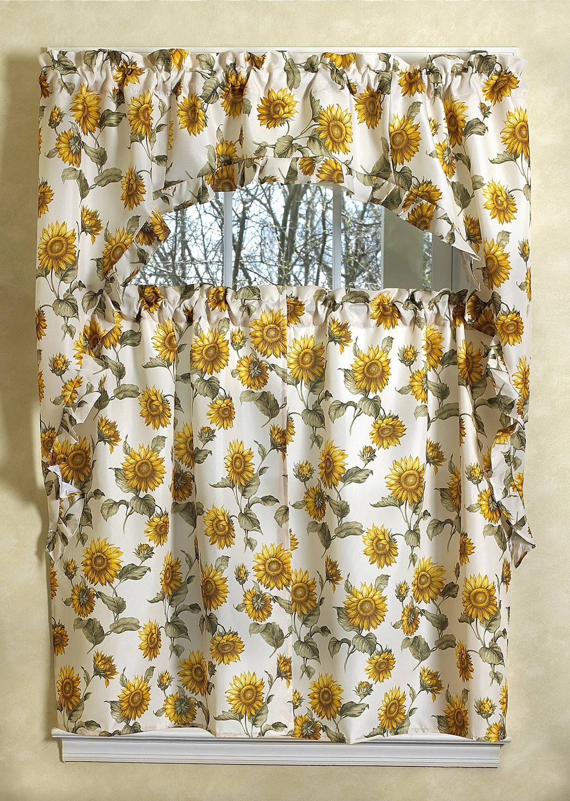 Violet Linen Classic Euro Sunflower 3 Piece Kitchen Curtain Set