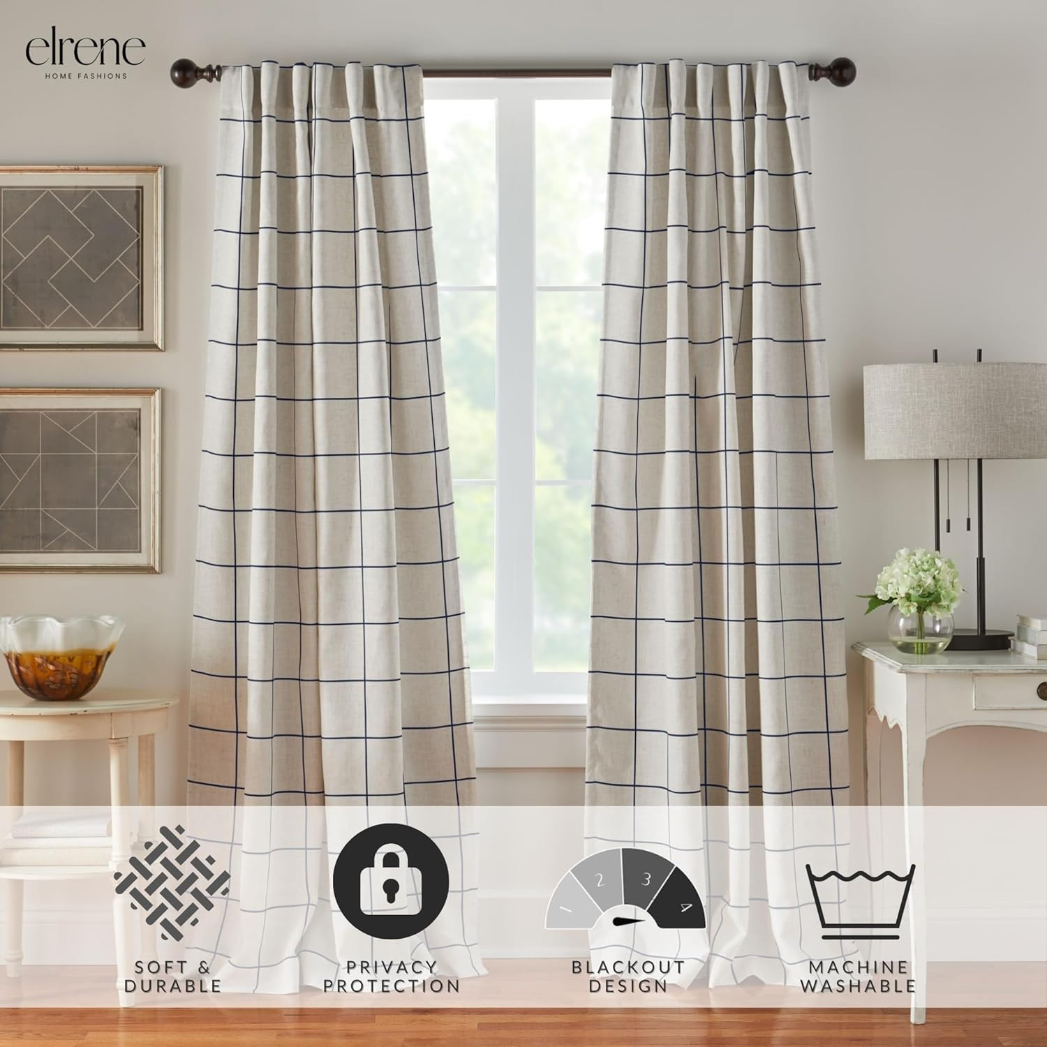 Brighton Windowpane Plaid Blackout Window Curtain, Living Room and Bedroom Drape