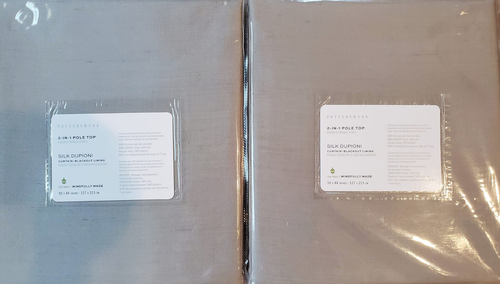 2 Pottery Barn SILK DUPIONI 2-IN-1 BLACKOUT Drapes 50 x 84″ ~ PLATINUM GRAY