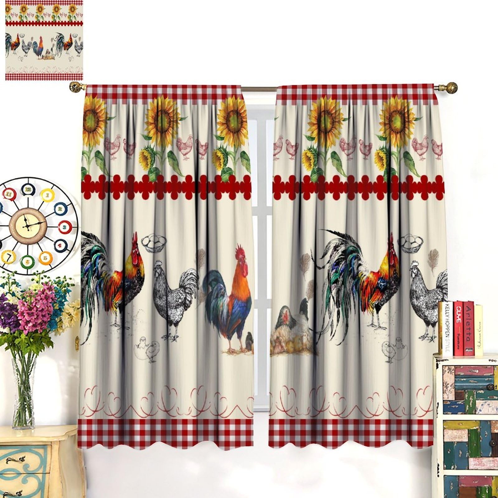 Rustic Rooster Curtain,Vintage Chicken Red Plaid Country Farm Sunflower Windo…