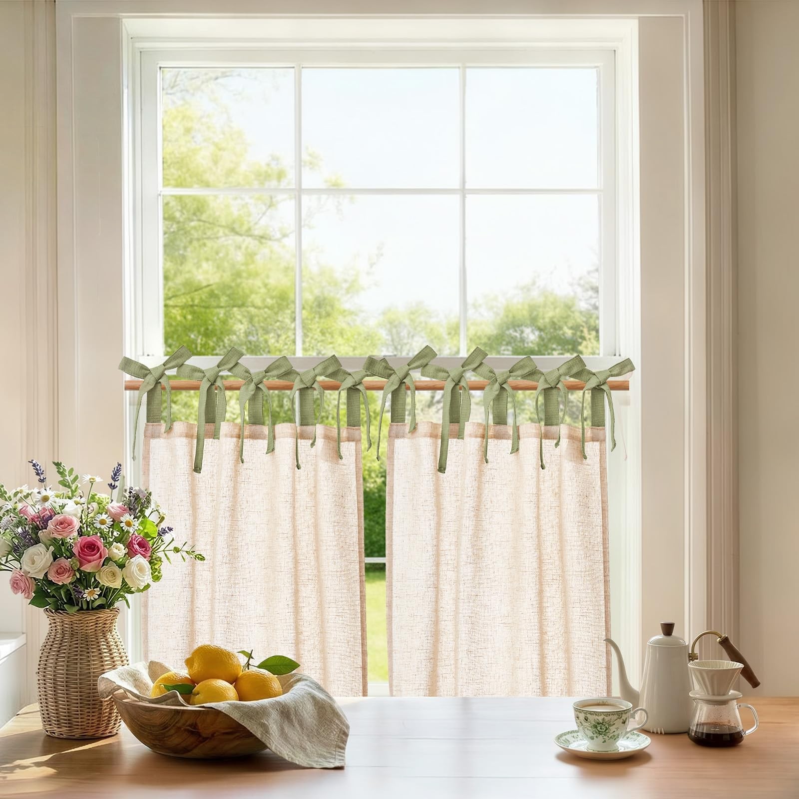 Linen Tie Top Curtains 24 Inch Length Farmhouse Cafe Curtains Set of 2 for Be…
