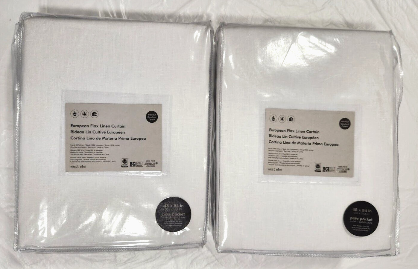 West Elm Pole Pocket European Flax Linen 2-Curtains Blackout Lining 48″x84 White