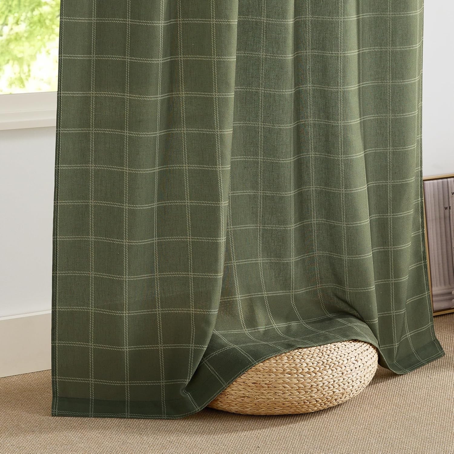 2 Panels 52 X 84 Inch Long Linen Plaid Curtains Modern Window Panels Moss Green