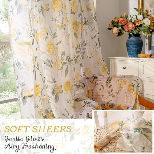 Sheer Curtains 45 Inch Length 2 Panels Set, 52″W x 45″L (Pack of 2) Yellow
