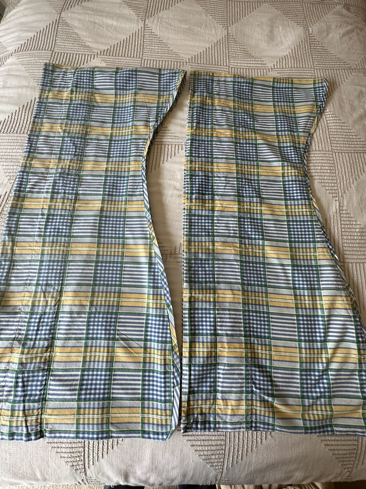 2 Waverly Window Valance Curtain Toppers Blue Yellow Plaid Scallop 17″x 76”