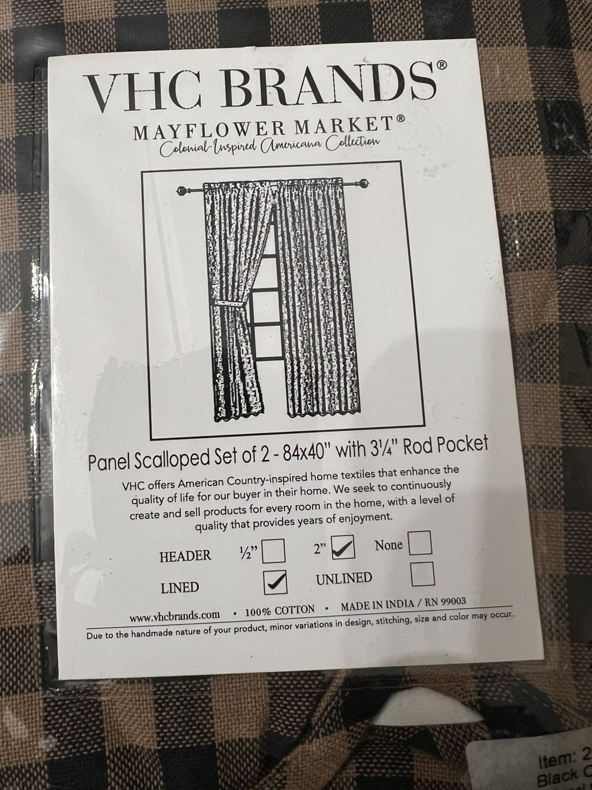 VHC Brands Primitive 84″x40″ Panel Pair Black Rod Pocket Check Window Curtains