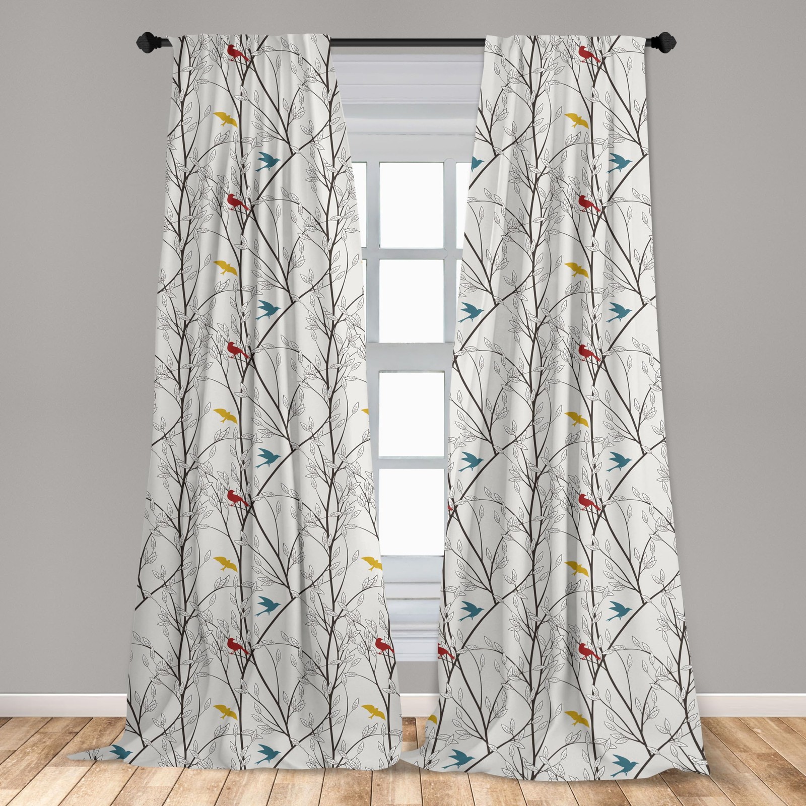 Nature Curtains, Birds Wildlife Cartoon Like Image with Tree Leaf Art Print, …