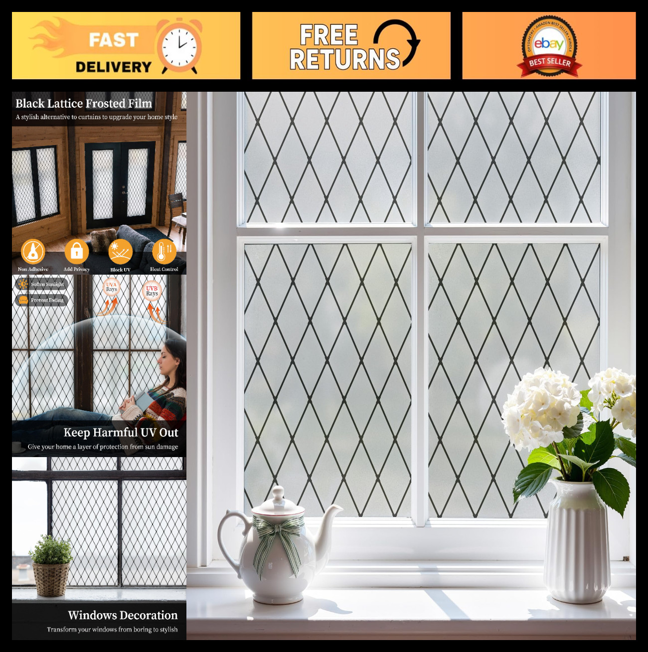 Frosted Window Privacy Film – Static Cling Glass Tint, UV Blocking, 35.4×78.7