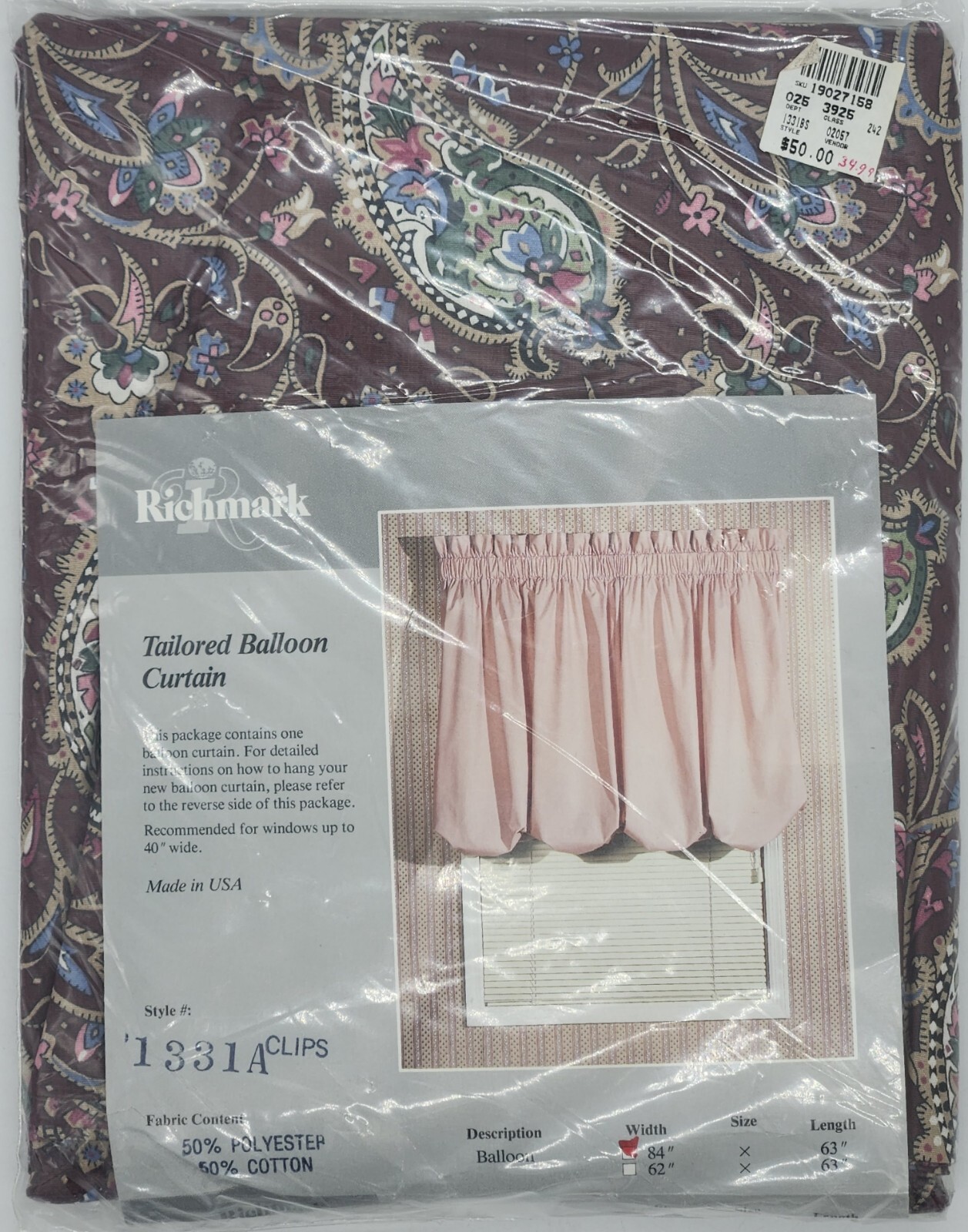 Richmark Tailored Balloon Curtain Paisley Maroon 84” x 63” and Clips Made In USA