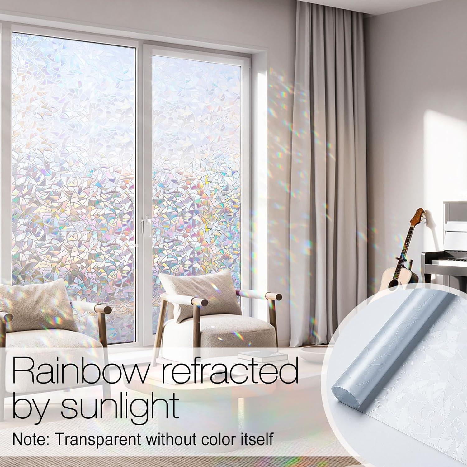 Window Privacy Film Rainbow Film Decorative Window Sticker, 3D Static Stained Gl