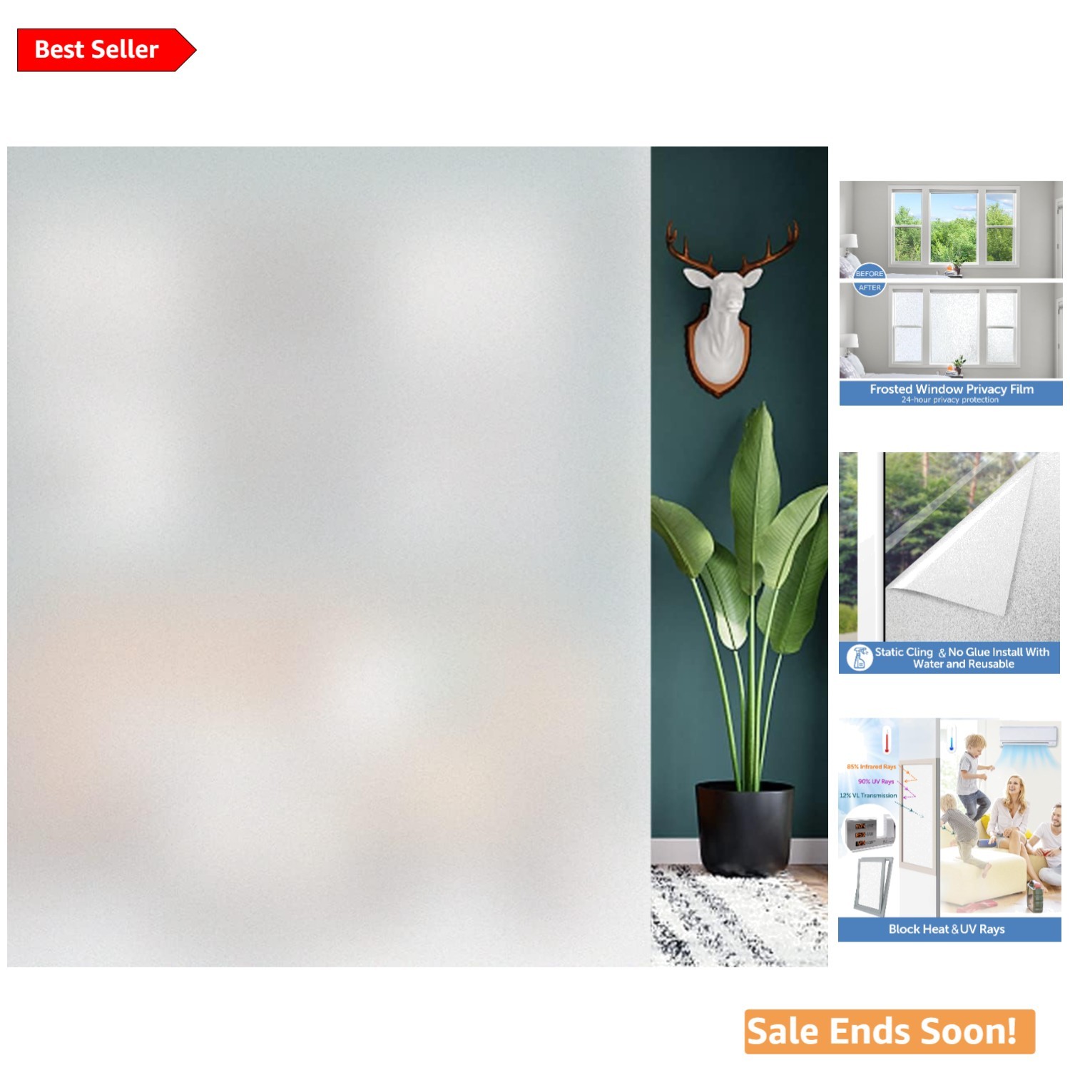 Frosted Window Privacy Film – UV Blocking & Heat Control, 23.6 x 78.7 Inch
