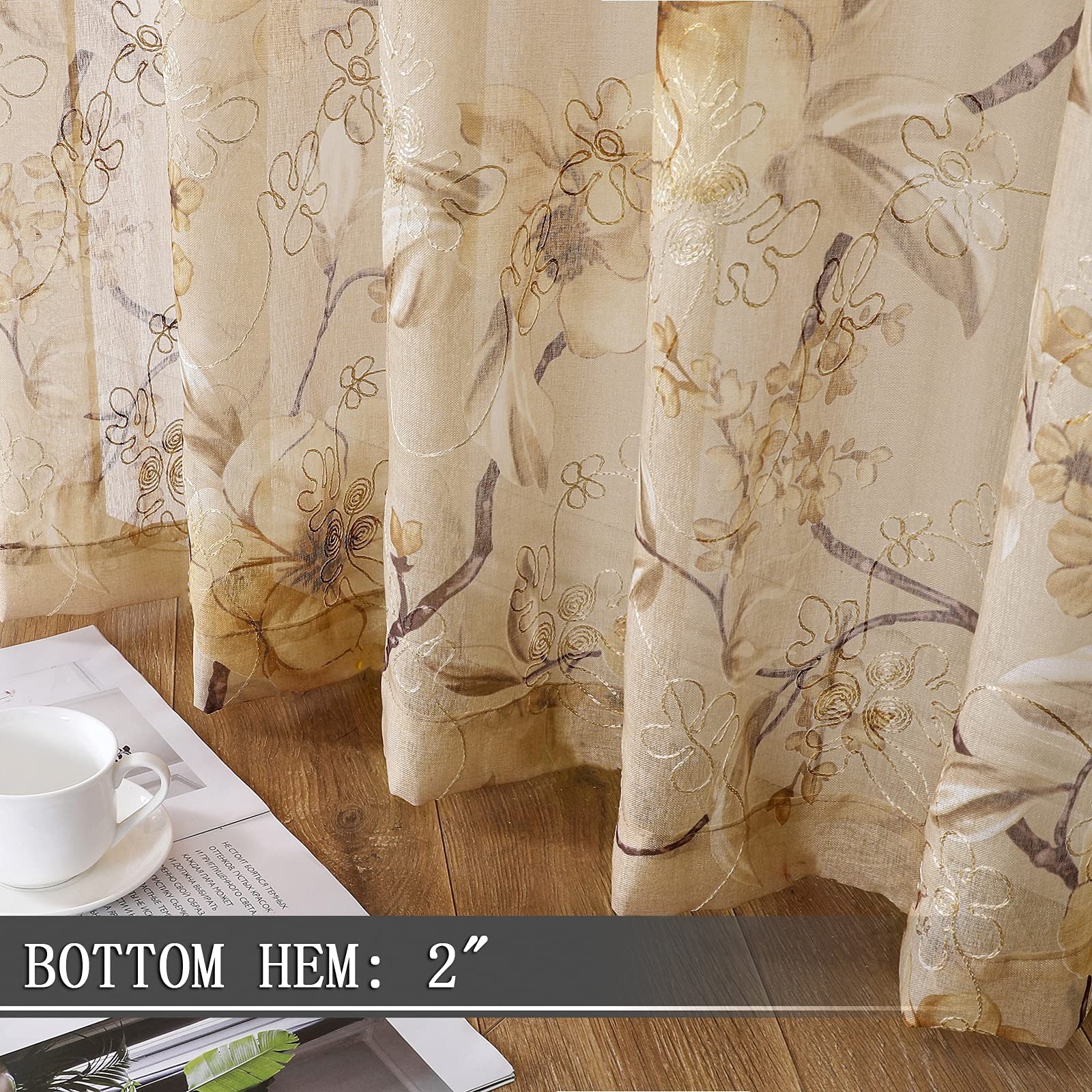 Short Sheer Tier Curtain Beige Flower Leaf Printed Floral Embroidered Half Wi…