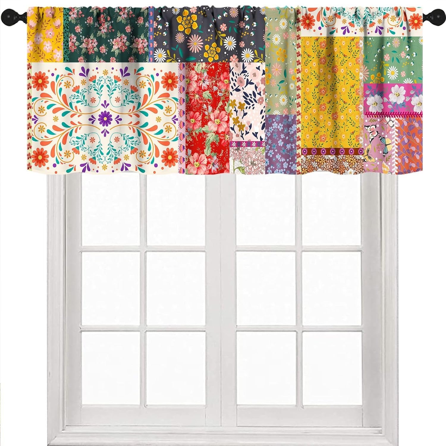 Boho Floral Valance,Retro Patchwork Country Herbs Wildflowers Flowers Rustic