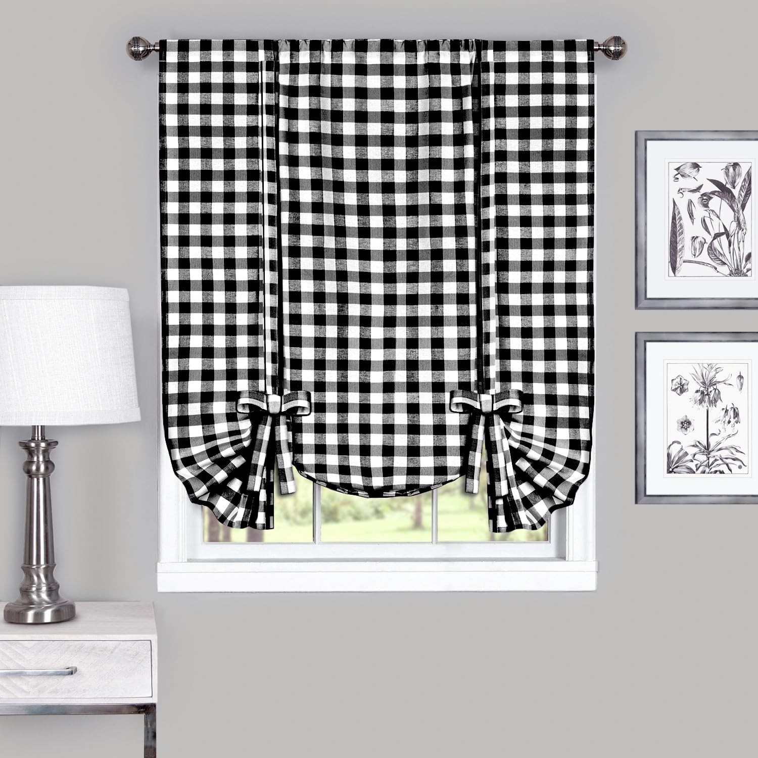 ACHIM Buffalo Check Tieup Window Curtain 42 Inch Width, 63 Inch Length Blac…