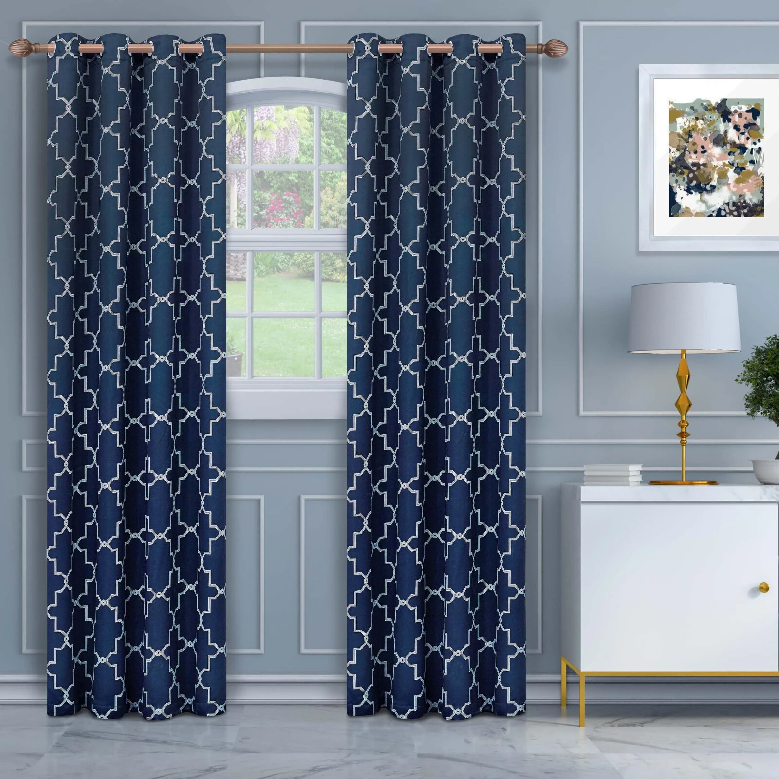 Imperial Trellis Blackout Curtain Set of 2 Panels Navy By Superior 52″ X 84″