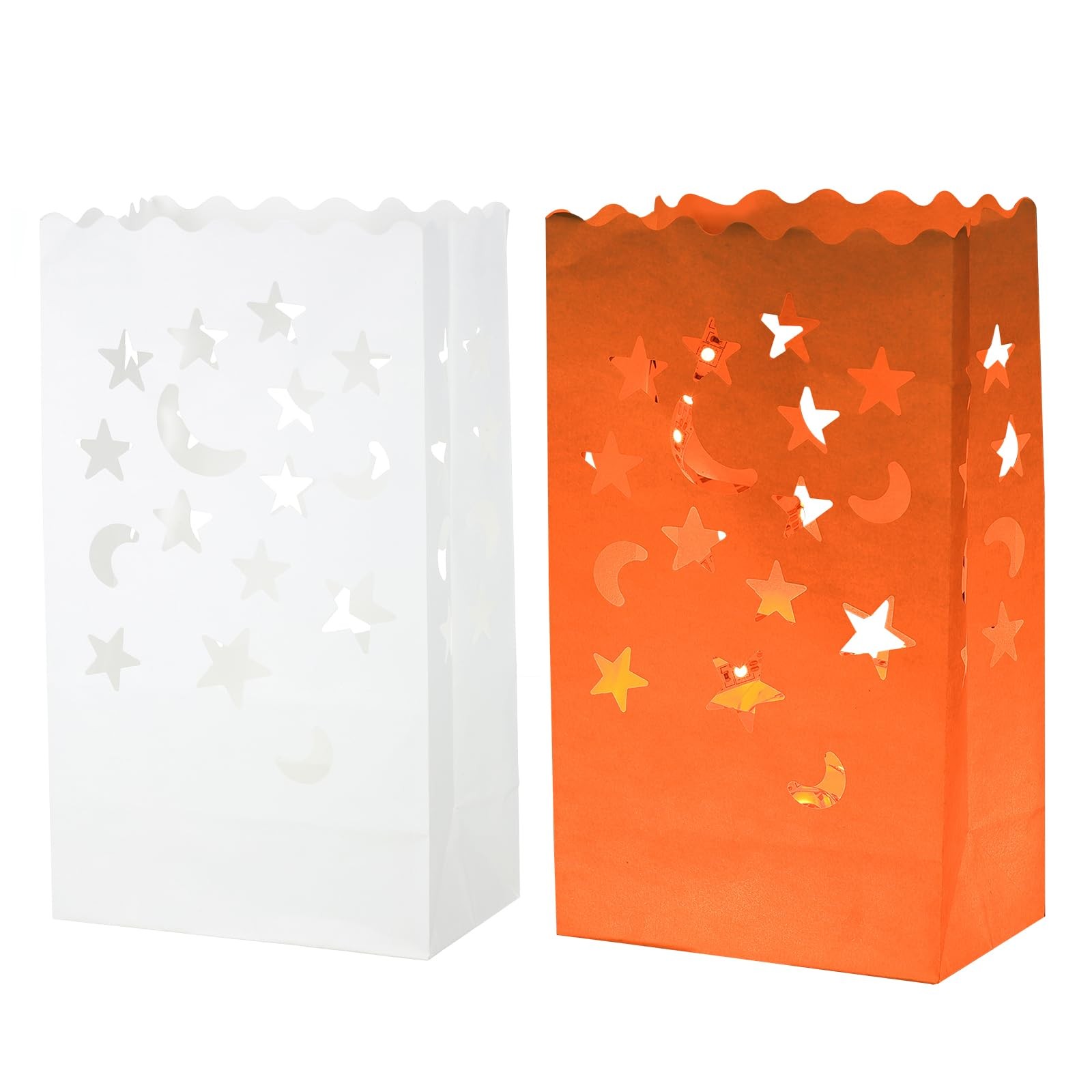 10 Pcs White Paper Luminary Bags Star Moon Flame Resistant Lantern Candle