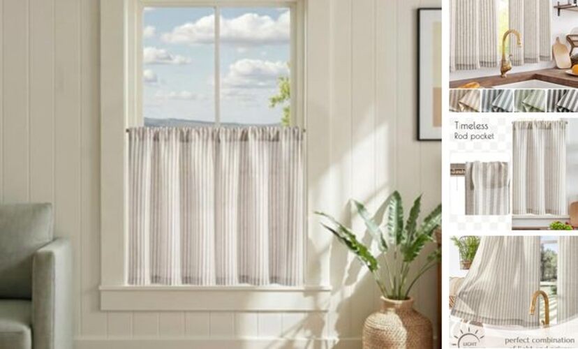 Striped Linen Kitchen 26″W x 30″L (Pack of 2) Rod Pocket Striped Taupe Grey