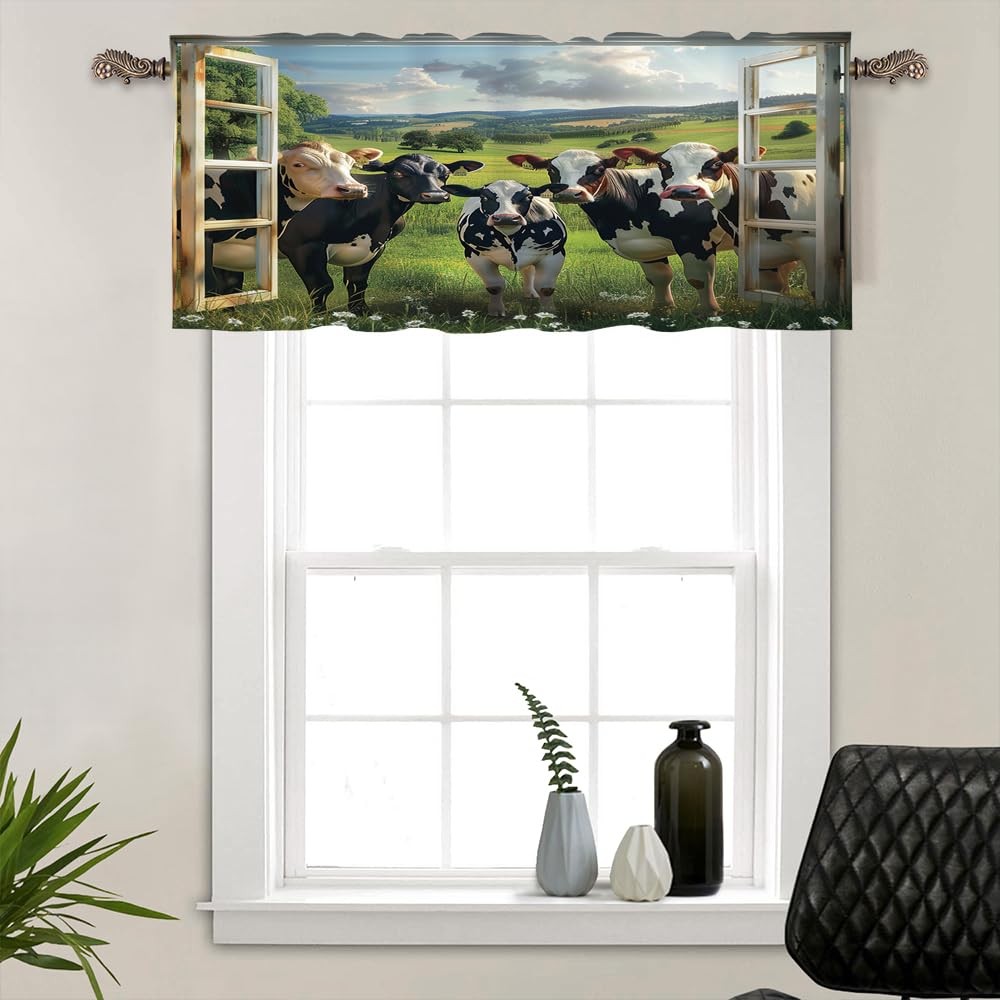 1 Panel Cow Farmhouse Valances for Windows, Floral Rustic Animal Grassland Ro…