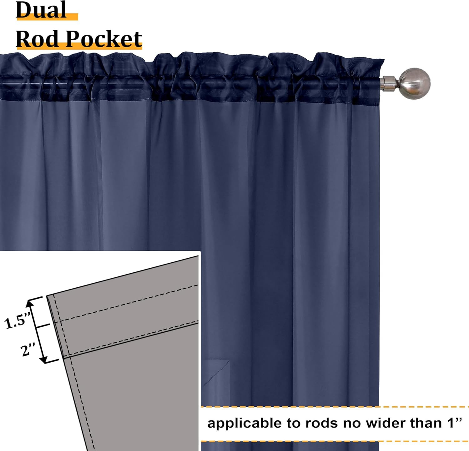 Sheer Navy Blue Curtains 84 Inch Length 2 Panels Set, Airy Soft-Touching Rod Poc