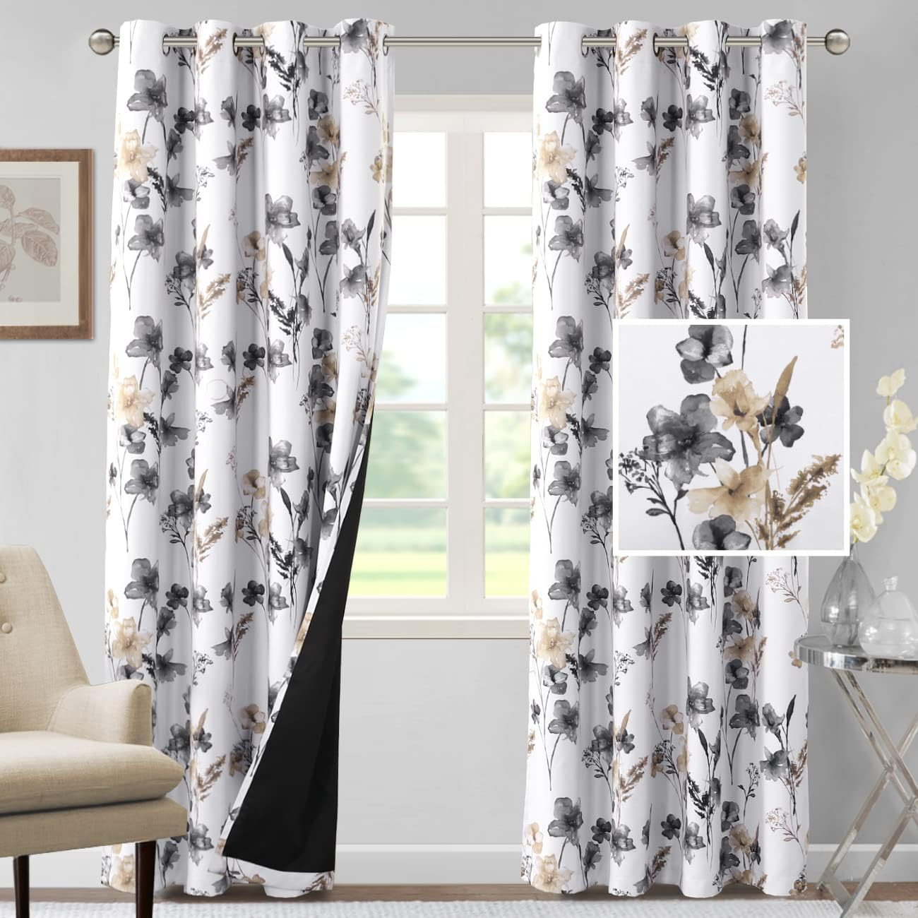 100% Blackout Curtains 84 Inch Length 2 Panels Set Cattleya Floral Printed Drape