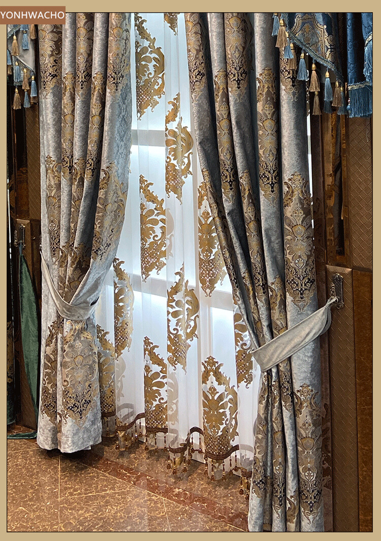 gray blue inlaid gold printed velvet cloth blackout curtain valance panel C527