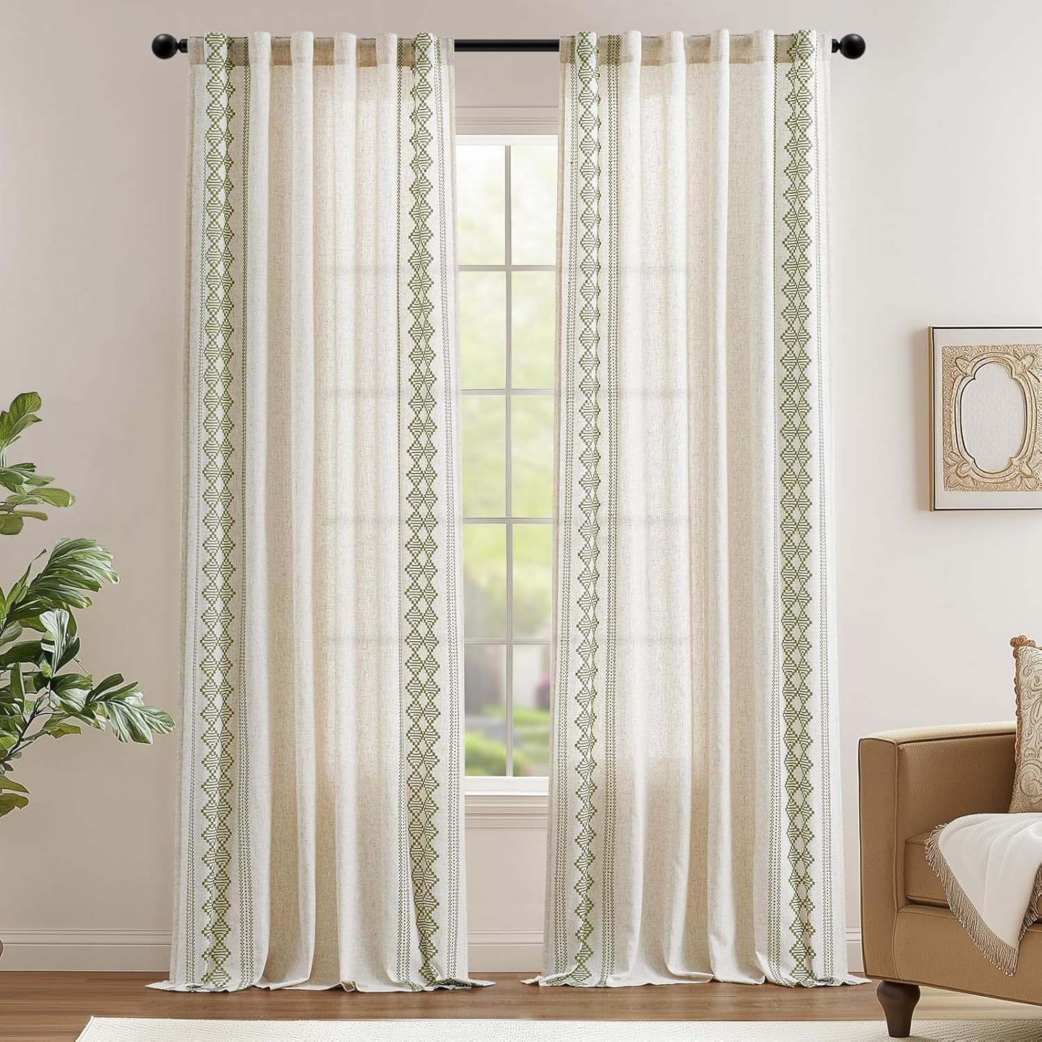 Jinchan Boho Curtains Linen Blend Beige Farmhouse Curtains 96 Inches Long for Li