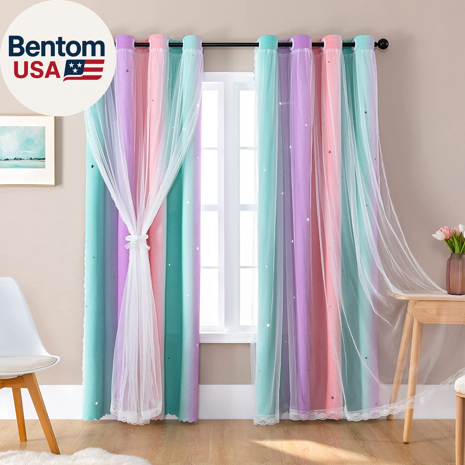 Curtains for Girls Bedroom Kids Room 2 Panels Colorful Rainbow Design Unicorn Wa
