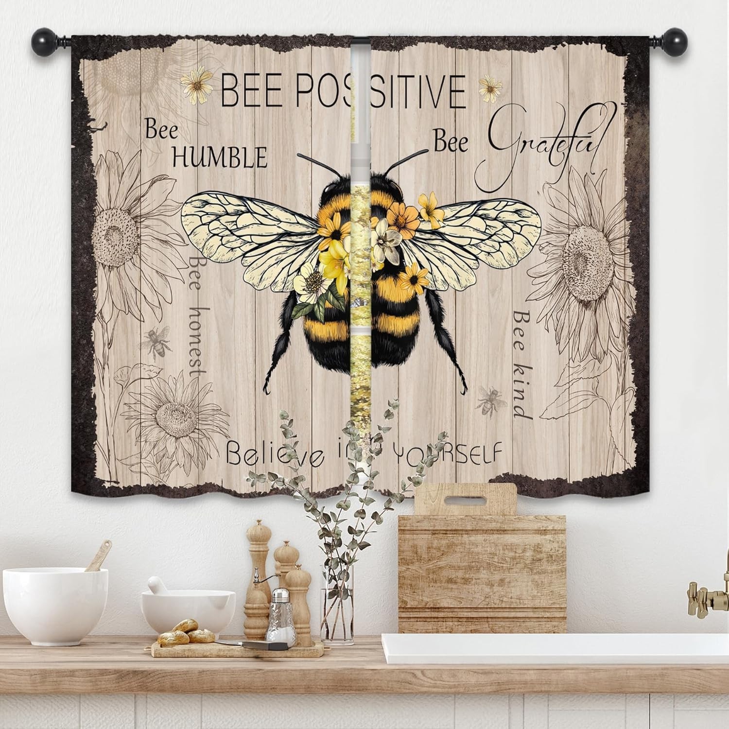 Rustic Farmhouse Bee Kitchen Curtains 27.5W 55″W x 39″L (Pack of 2) Vintage Bee