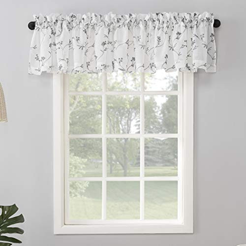 Delia Embroidered Floral Sheer Rod Pocket Curtain Valance, 50″ x 17″, White