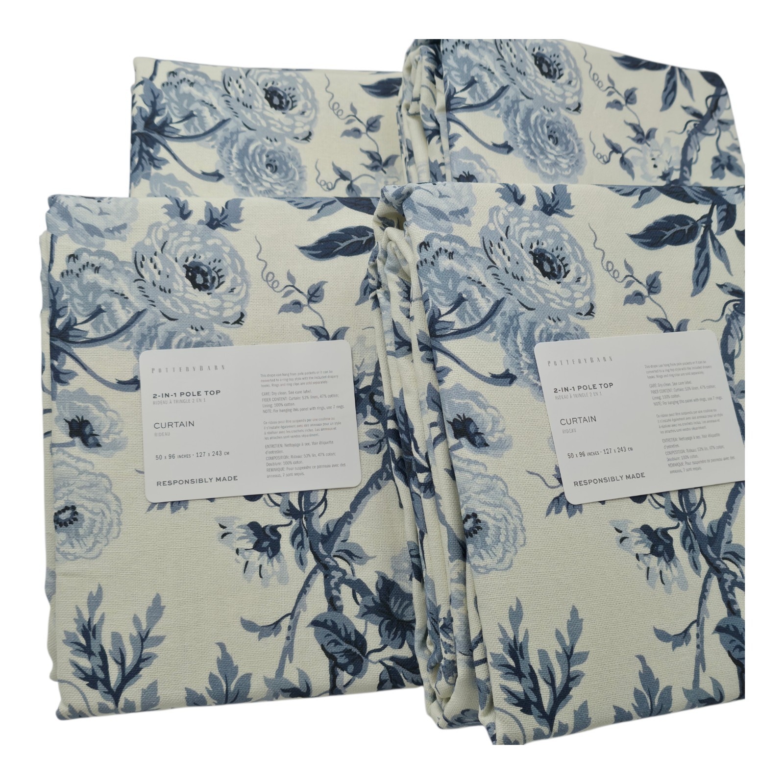 Pottery Barn Garden Floral Set Of 4 Curtains Panels 50×96 New