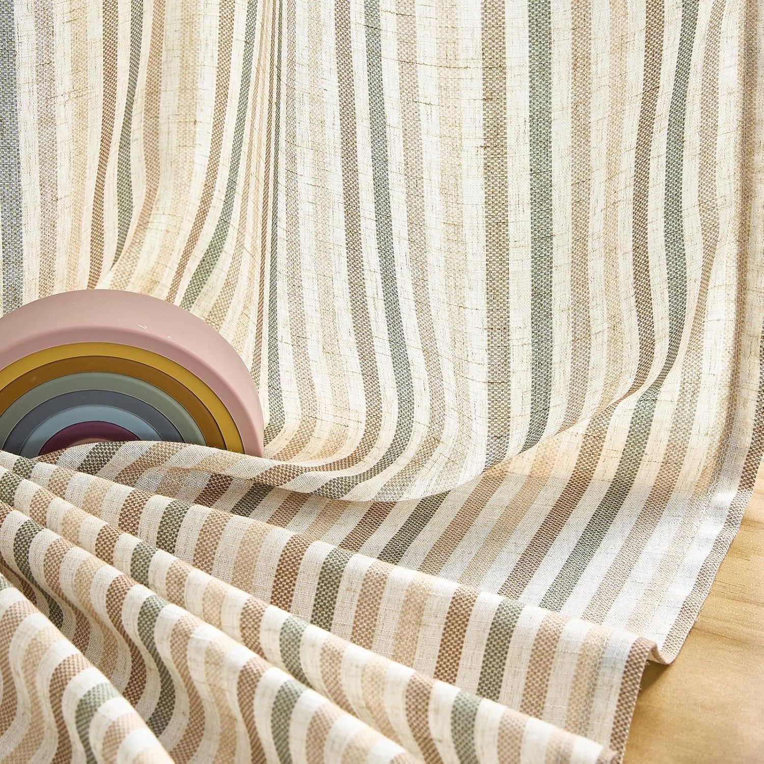 Charming Striped Grommet Curtains for Kids Room – Multi Green & Beige 2 Panels